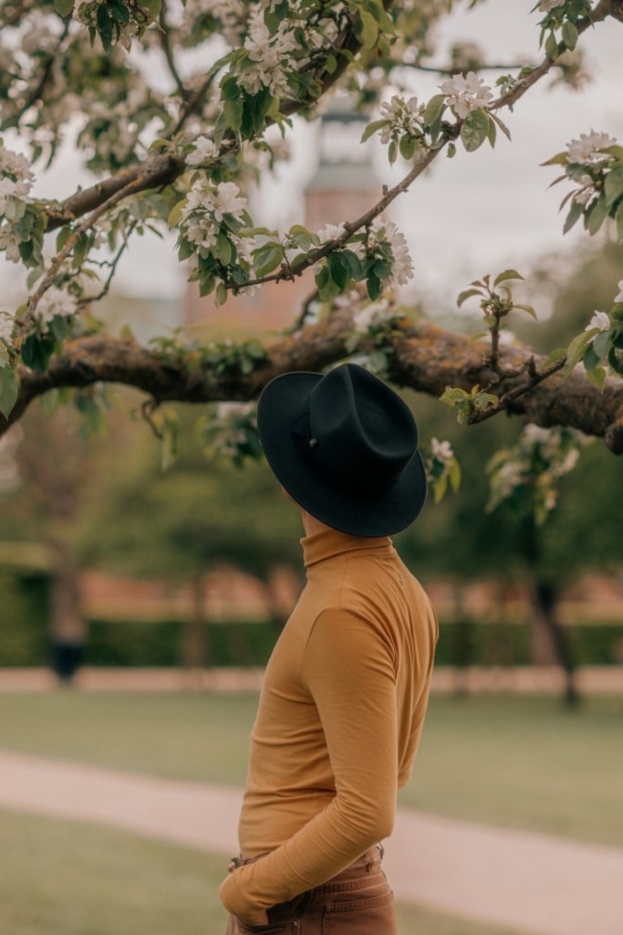 Mand i kongens have med grå fedora hat fra Wilgart. Kigger på et træ.